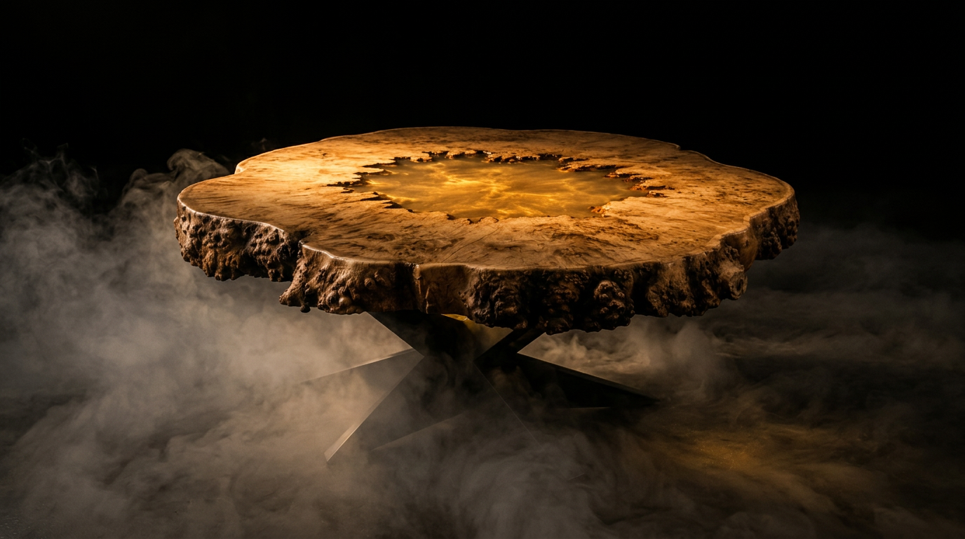 The raw Mary Shelley oak — a monumental round timber slab with a hollow centre
